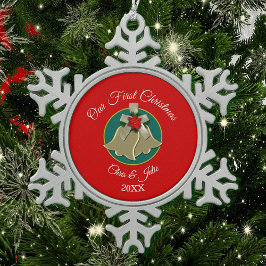 Twin Gold Bells Unsere ersten Weihnachten Schneeflocken Zinn-Ornament