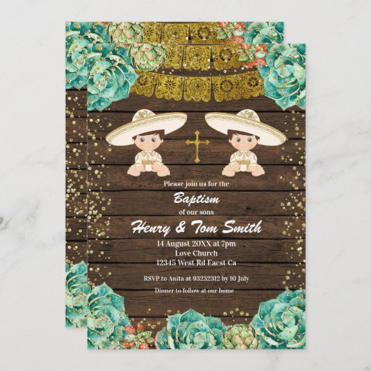 Twin Gold Glitzer Fiesta Boy Taufe Christening Einladung (Vorne/Hinten)