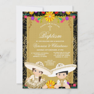 Twin Gold Mexikanische Taufe Farbige Blumen Kreuz Einladung