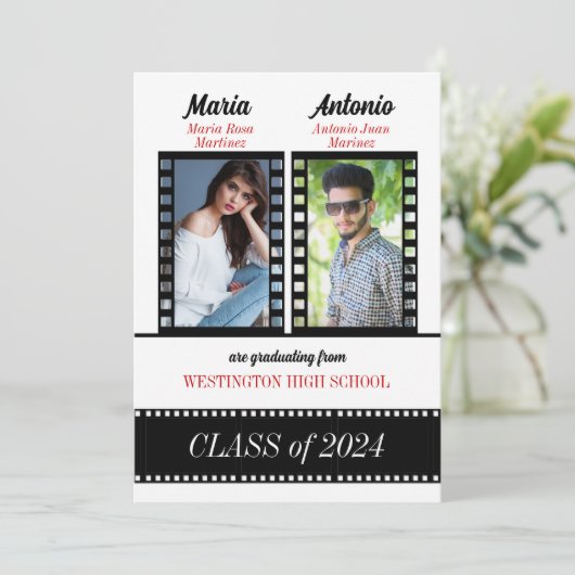 Twin Graduate Classic Film Red 2023 Einladung (Stehend Vorderseite)