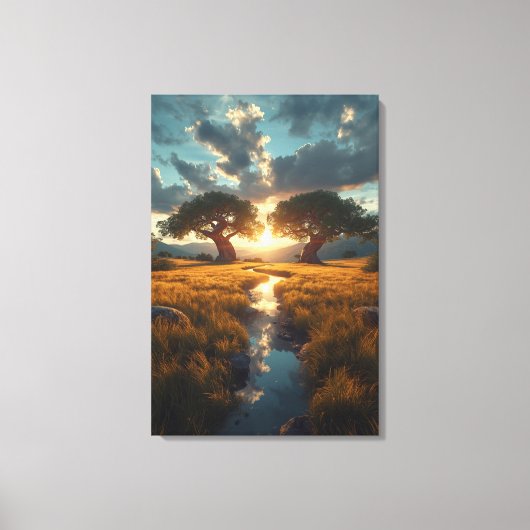 Twin Guardians – Golden Meadow Sunset Canvas Print Leinwanddruck (Vorderseite)