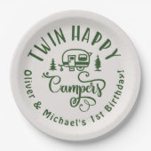Twin Happy Campers braun minimalistisch 1. Geburts Pappteller (Vorderseite)