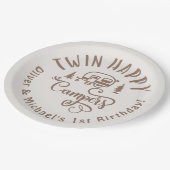 Twin Happy Campers braun minimalistisch 1. Geburts Pappteller (Schrägansicht)