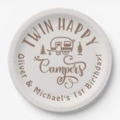 Twin Happy Campers braun minimalistisch 1. Geburts Pappteller (Vorderseite)