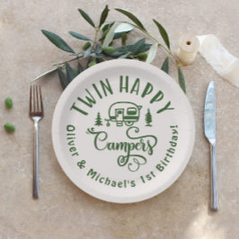 Twin Happy Campers braun minimalistisch 1. Geburts Pappteller