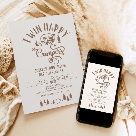 Twin Happy Campers Junge Wald 1. Geburtstag Einladung