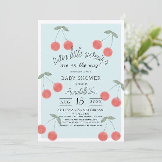 Twin Little Sweeties Cherries Blue Baby Dusche Einladung (Stehend Vorderseite)