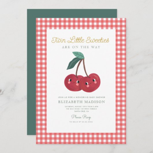 Twin Little Sweeties Cherry Berry Baby Shower Einladung (Vorne/Hinten)