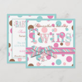 TWIN MÄDCHEN Pink Aqua Brown Dots Baby Dusche Einladung (Vorne/Hinten)