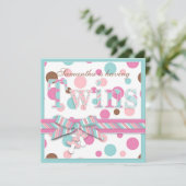 TWIN MÄDCHEN Pink Aqua Brown Dots Baby Dusche Einladung (Stehend Vorderseite)