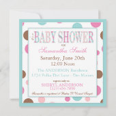 TWIN MÄDCHEN Pink Aqua Brown Dots Baby Dusche Einladung (Rückseite)