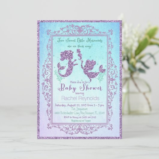 TWIN Mermaid unter der Sea Baby Shower Einladung (Stehend Vorderseite)