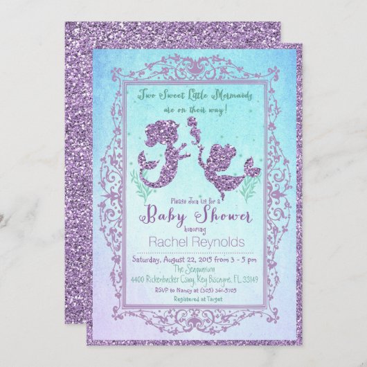TWIN Mermaid unter der Sea Baby Shower Einladung (Vorne/Hinten)