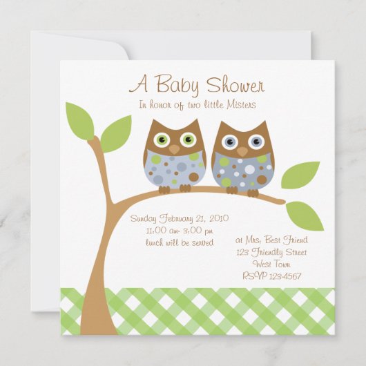 Twin Owl Baby Dusche Einladung (Vorderseite)
