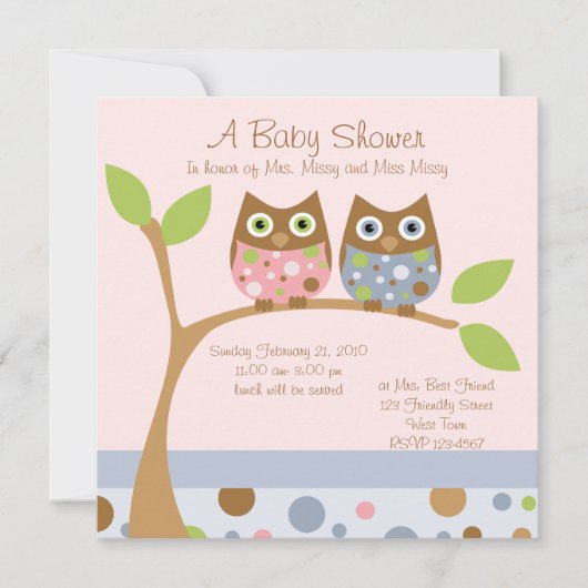 Twin Owl Baby Dusche Einladung (Vorderseite)
