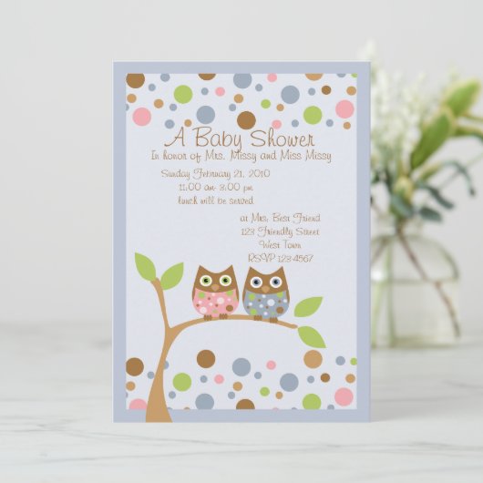 Twin Owl Baby Dusche Einladung (Stehend Vorderseite)