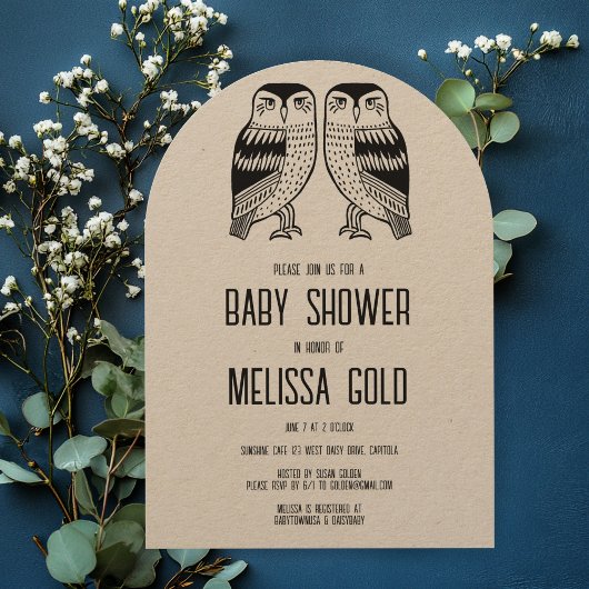 Twin Owls Niedlich BABY SHOWER CUSTOM Arched Kraft Einladung
