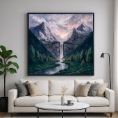 Twin Peak Falls - Serene Painterly Landscape Style Poster