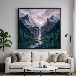 Twin Peak Falls - Serene Painterly Landscape Style Poster