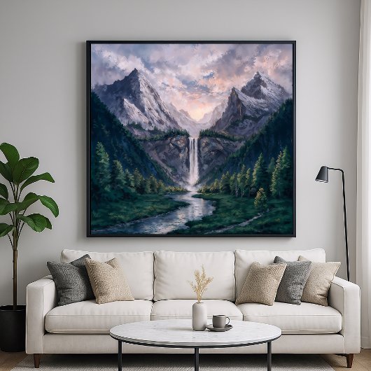 Twin Peak Falls - Serene Painterly Landscape Style Poster