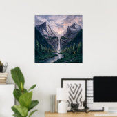 Twin Peak Falls - Serene Painterly Landscape Style Poster (Heimbüro)