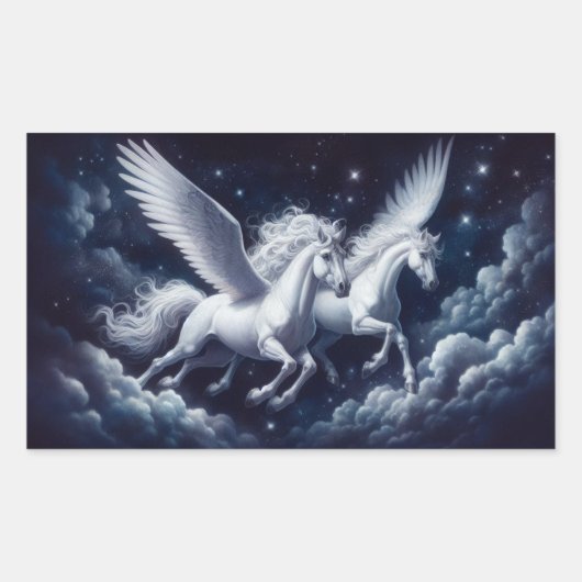 Twin Pegasus Flying durch den nächtlichen Himmel Rechteckiger Aufkleber (Vorderseite)