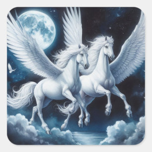 Twin Pegasus Flying mit dem Mond Hinter ihnen Quadratischer Aufkleber