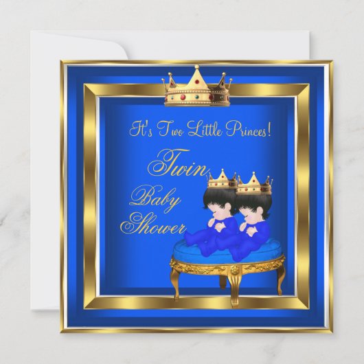 Twin Prince Baby Dusche Blue Gold Boy Crown 3a Einladung (Vorderseite)