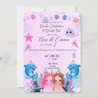 Twin Princess under water Pink Party Invitation Einladung