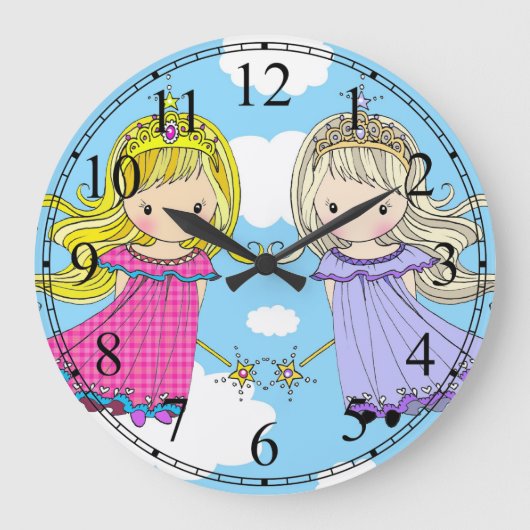 Twin Princesses Little Girls Clock Große Wanduhr (Vorderseite)