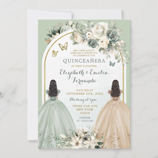 Twin Sage Green und Elfenbein Quinceñera Prinzessi Einladung (Vorderseite)