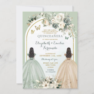 Twin Sage Green und Elfenbein Quinceñera Prinzessi Einladung