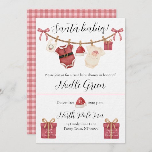 Twin Santa Babies Baby Shower Invitation Einladung (Vorne/Hinten)