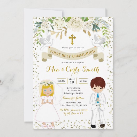 Twin Sibling Boy Blonde Girl First Heilige Kommune Einladung (Vorderseite)