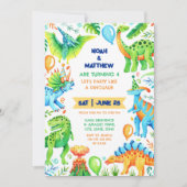 Twin Siblings Joint Dinosaur Birthday Boys Foto Einladung (Vorderseite)