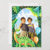 Twin Siblings Joint Dinosaur Birthday Boys Foto Einladung (Rückseite)