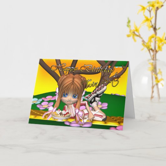 Twin Sister Birthday card mit Süsse Pie von Moonla Karte (Gelbe Blume)