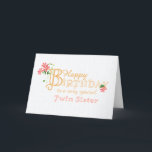 Twin Sister Birthday mit Clematis Blume Card Feiertagskarte<br><div class="desc">Eine elegante, minimalistische Geburtstagskarte für Ihre Twin Sistre mit goldenem Effekt-Buchstaben und pinkfarbenroten Clematis-Blume und ihren langen, wütenden Stielen und Blätter. Die Titelgrüße lautet: 'Happy Birthday to a very special Twin Sister' in Goldeffektschrift mit einem überdimensionalen Buchstaben 'B', der mit einem Cluster von Clematis-Blume und seinen langen Triebe und Blätter...</div>