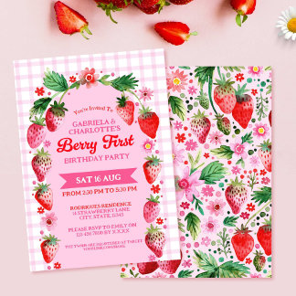 Twin Sisters Joint Strawberr Berry First Birthday Einladung