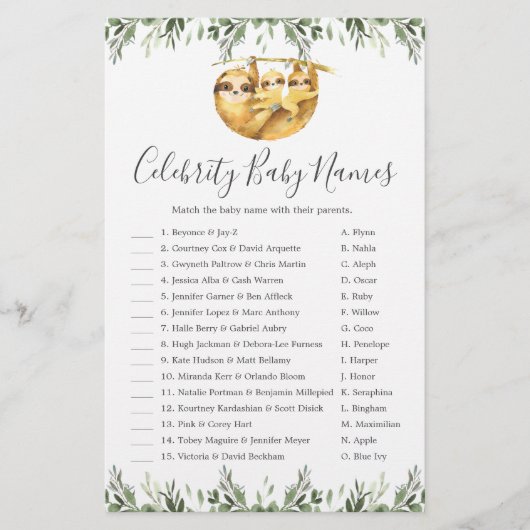 Twin Sloths Baby Shower Celebrity Baby Names Game (Vorderseite)