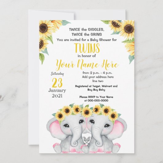 TWIN Sonnenblumenmädchen Elephant Yellow Pink Dusc Einladung (Vorderseite)
