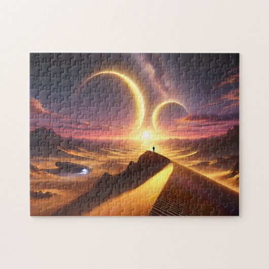Twin Suns Wüsten-Sci-Fi-Alien-Landschaft Puzzle (Horizontal)