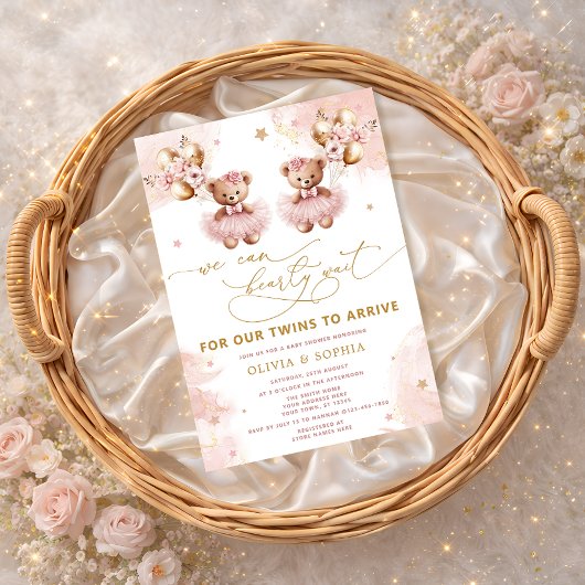 Twin Teddy Bear We Can Bearly Wait Baby Shower Einladung