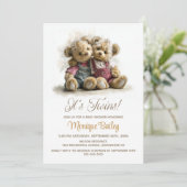 Twin Teddy Bears Baby Shower Einladung (Stehend Vorderseite)