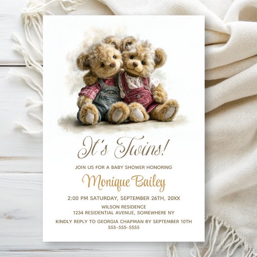 Twin Teddy Bears Baby Shower Einladung