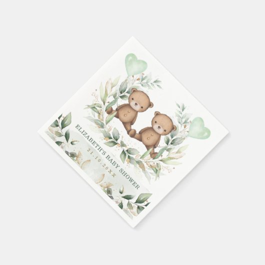 Twin Teddy Bears Greenerity Gold Balloon Baby Show Serviette (Ecke)