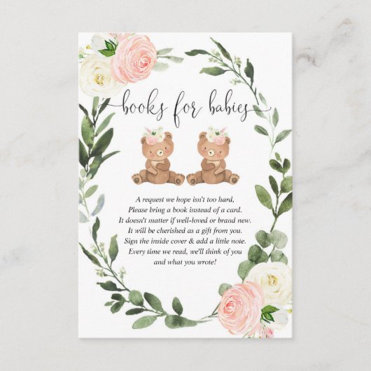 Twin Teddy trägt pinkfarbene Blumenbücher Mädchen Begleitkarte (Vorderseite)