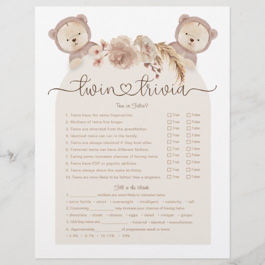 Twin Trivia Game Tan Boho Bear Baby Shower (Vorderseite)