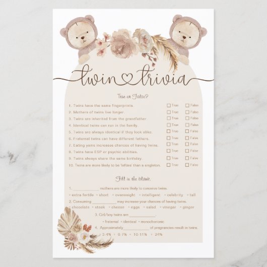 Twin Trivia Game Tan Boho Bear Baby Shower (Vorderseite)