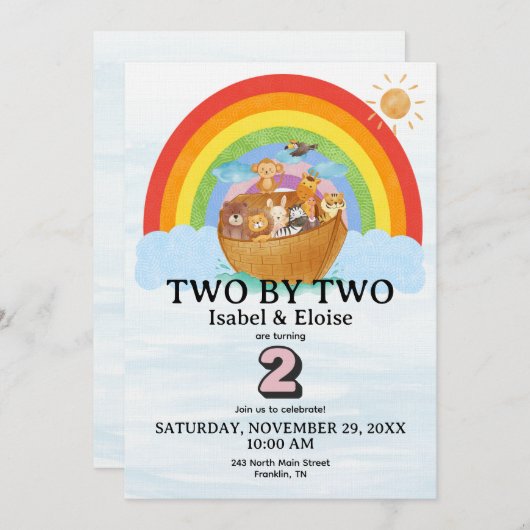 TWIN Two by Two Noah's Ark Girl Birthday Invite Einladung (Vorne/Hinten)